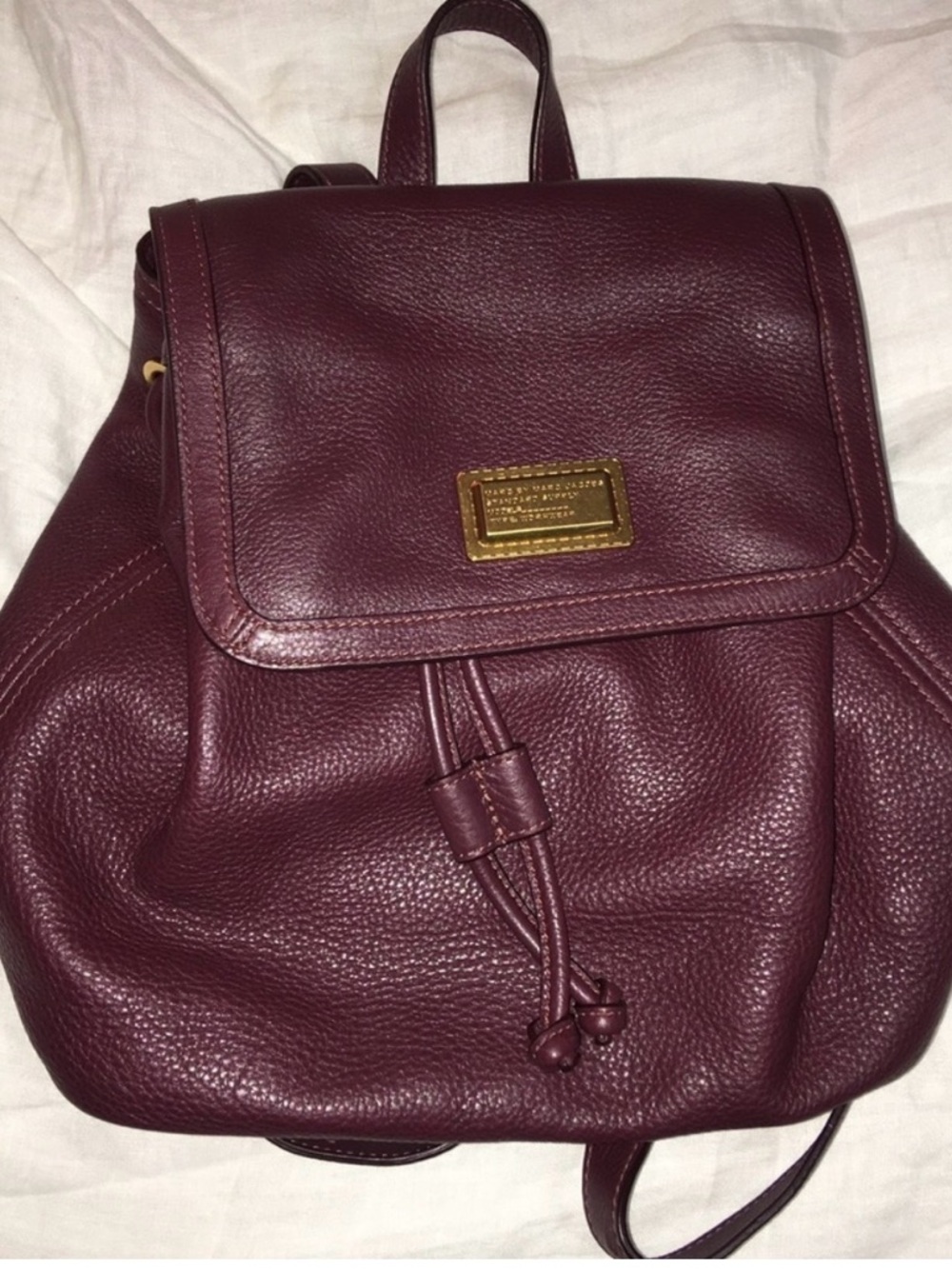 Marc by Marc Jacobs Plum Drawstring Flap Leather Backpack with Gold Plaque